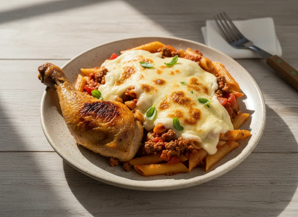 Frango assado com penne ao molho bolonhesa e queijo photo