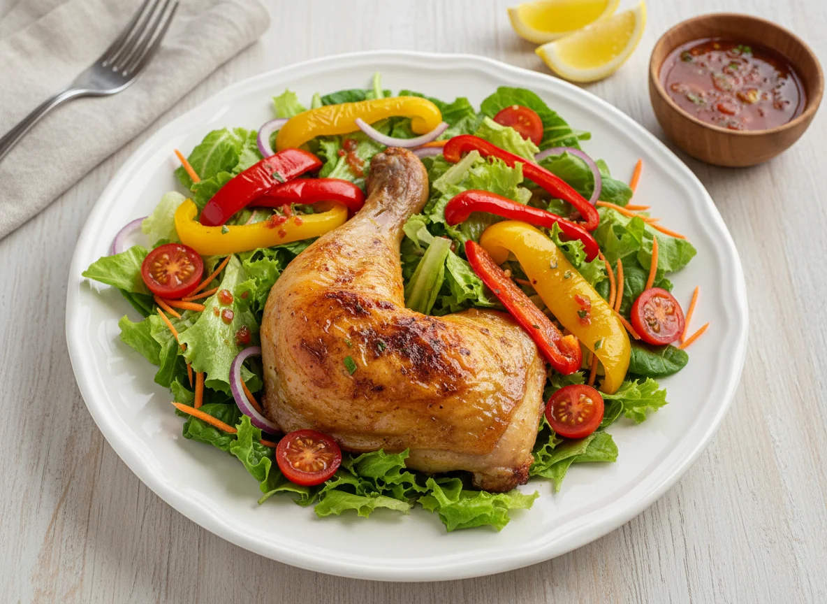 Frango assado com pimento e salada photo