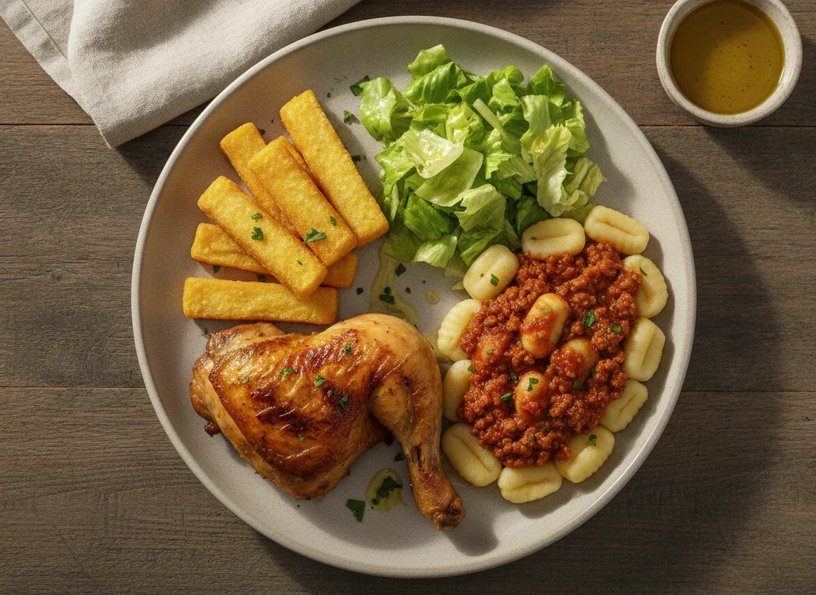 Frango assado com polenta frita, alface e nhoque à bolonhesa photo