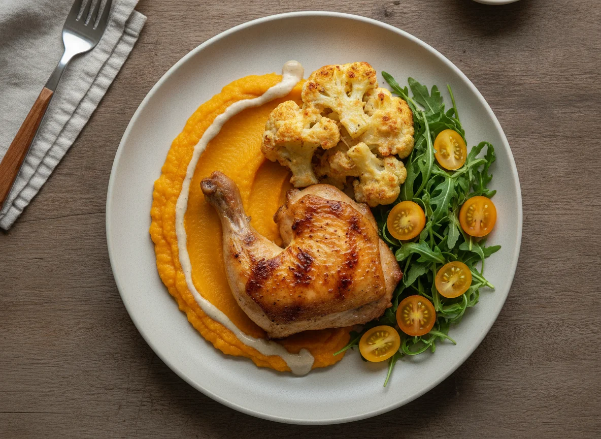 Frango assado com purê de abóbora, couve-flor gratinada e salada de rúcula photo