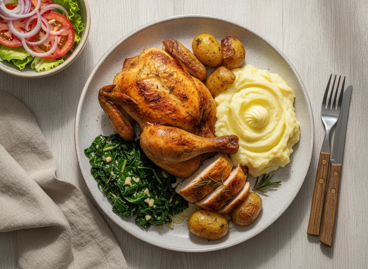Frango assado com purê de batata, couve e salada photo
