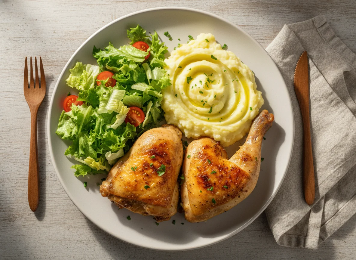 Frango assado com purê de batata e salada photo