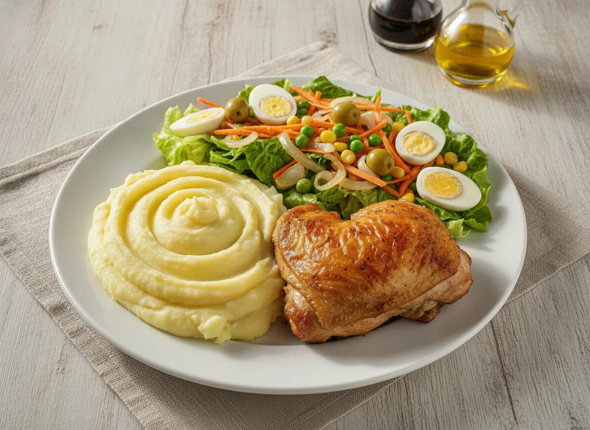 Frango assado com purê de batata e salada mista photo