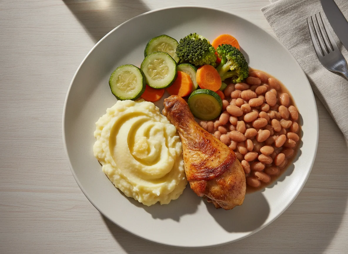 Frango assado com purê de batata, feijão e legumes photo