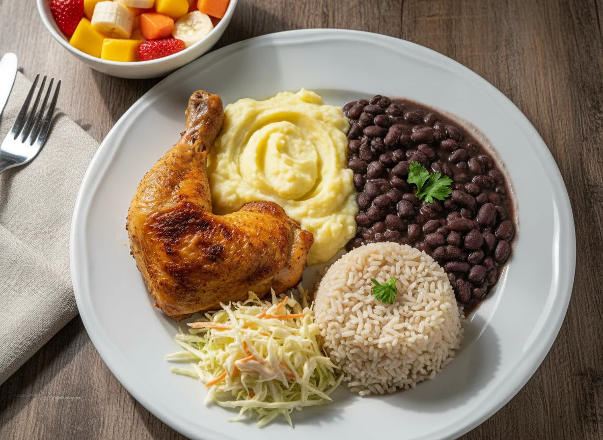 Frango assado com purê de batata, feijão preto e salada de repolho photo