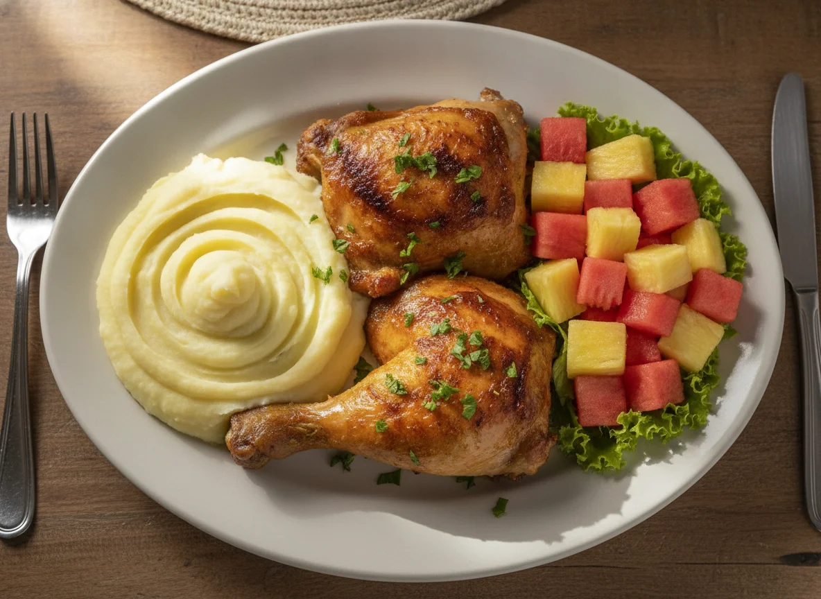 Frango assado com purê e frutas photo