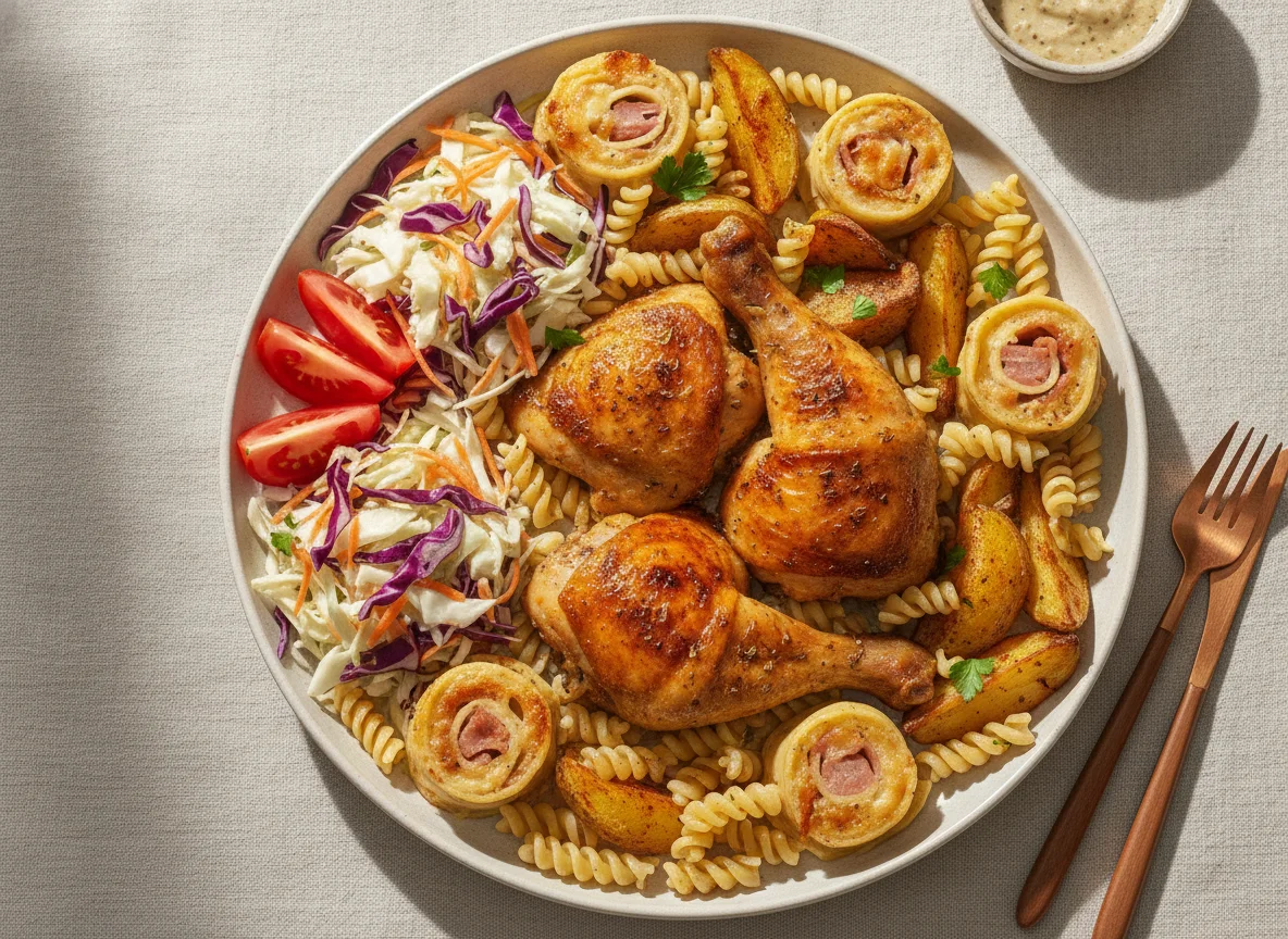 Frango assado com rondelli e salada photo