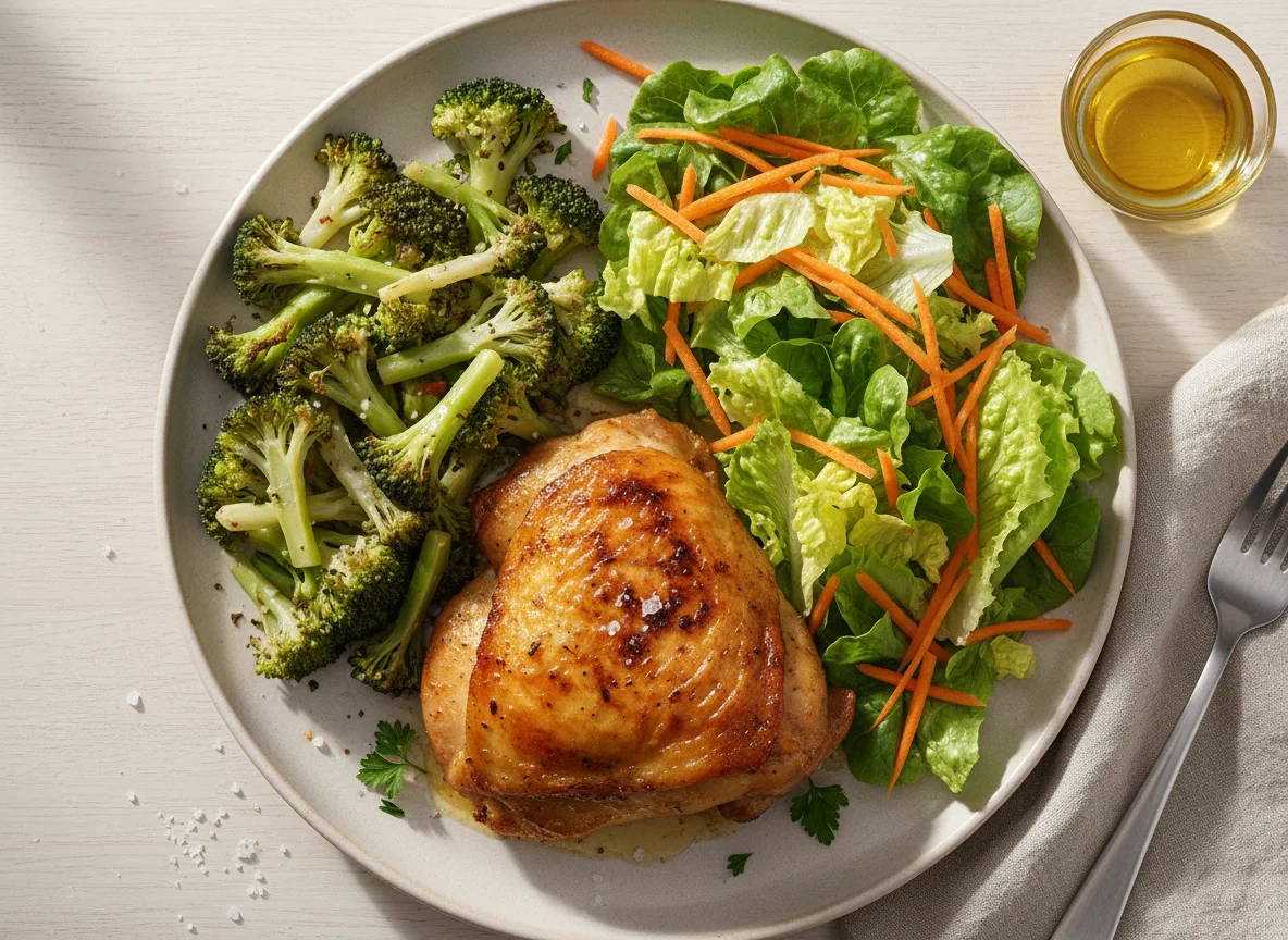 Frango assado com salada de brócolis e alface photo