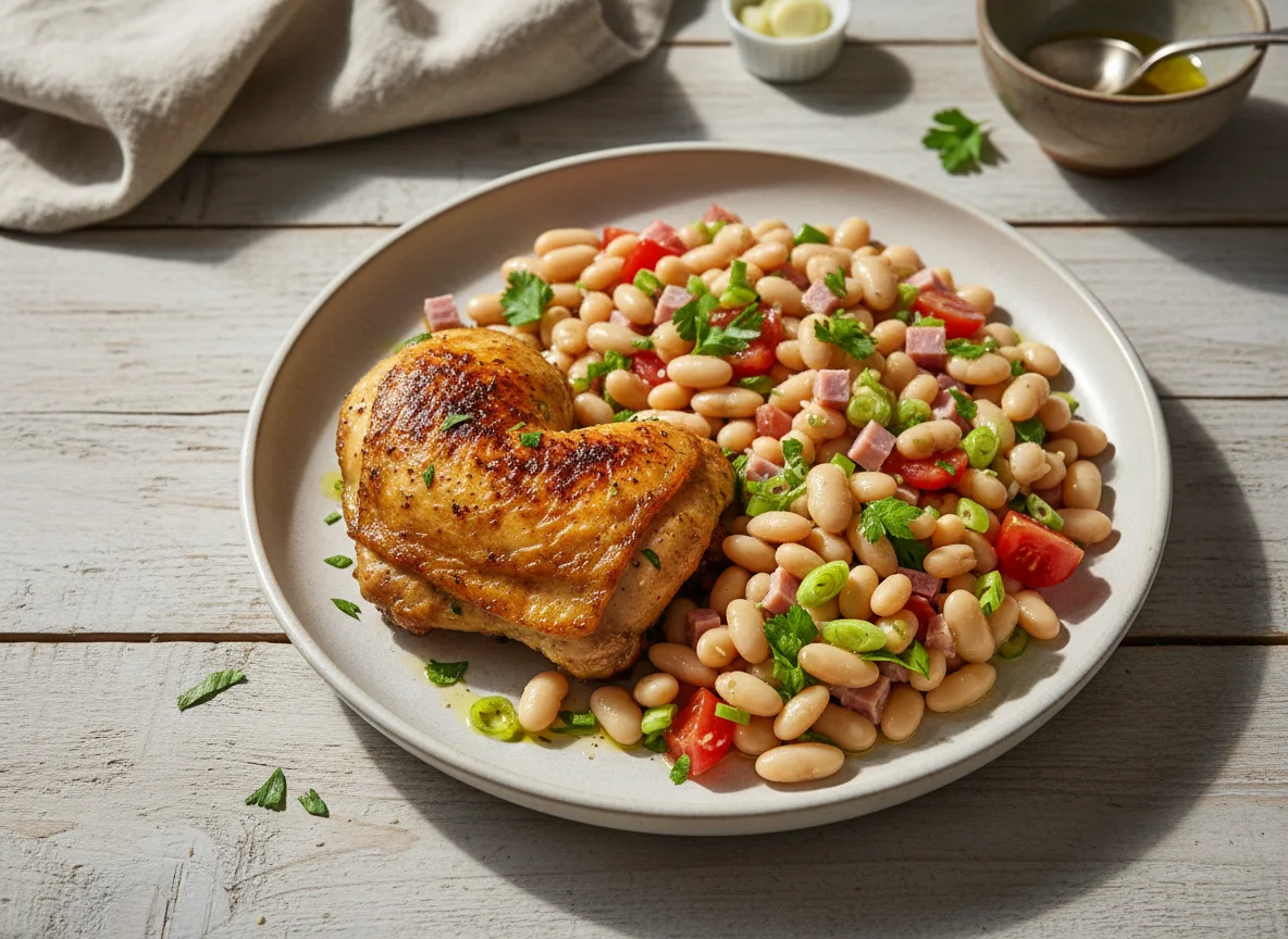 Frango assado com salada de feijão branco photo