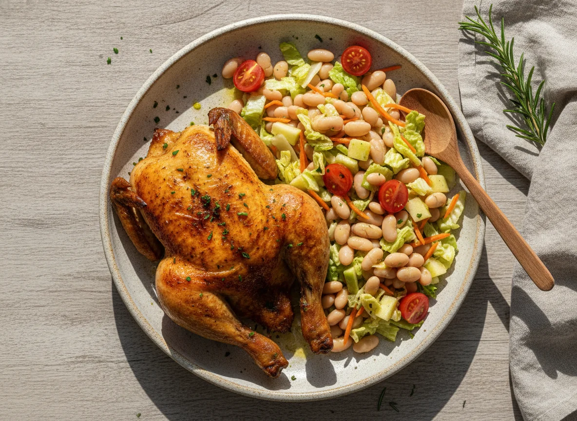Frango assado com salada de feijão branco e legumes photo