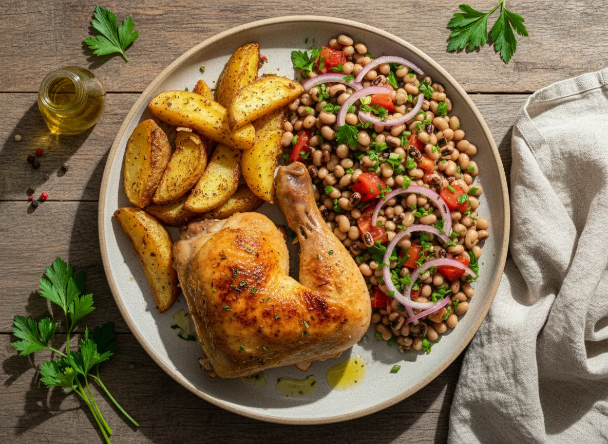 Frango assado com salada de feijão fradinho e batata rústica photo