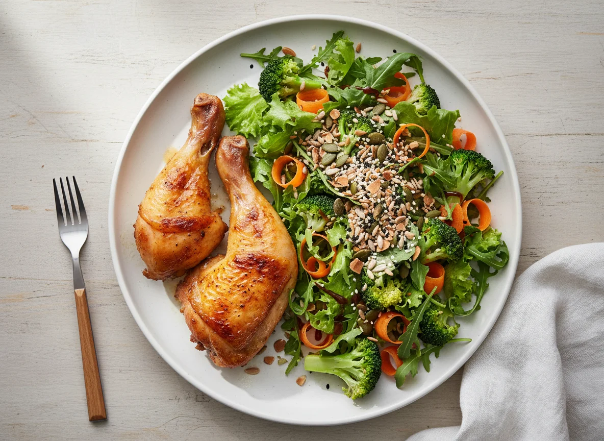 Frango assado com salada de folhas e sementes photo