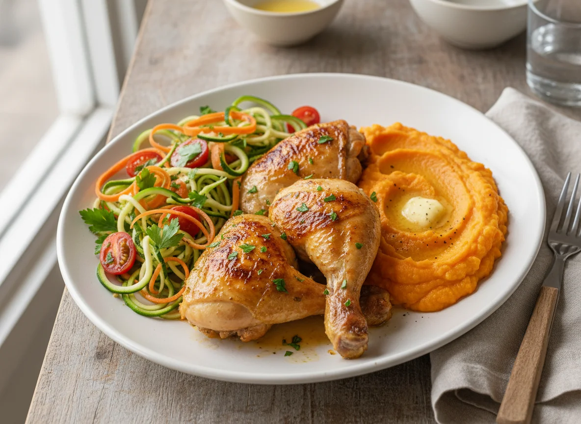 Frango assado com salada de legumes e purê photo