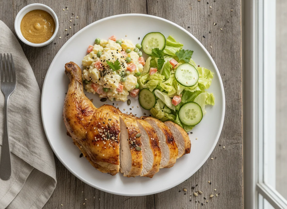 Frango assado com salada de maionese e alface photo