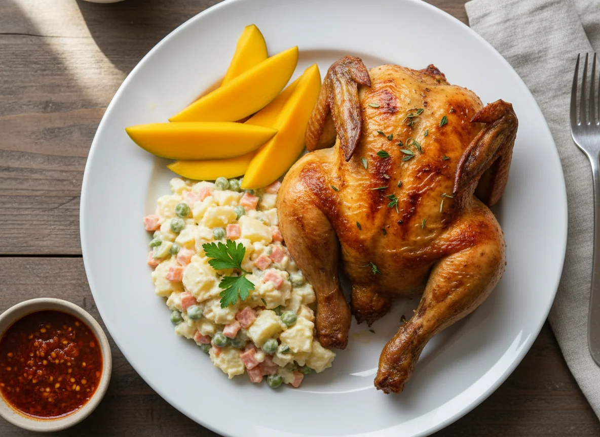 Frango assado com salada de maionese e manga photo
