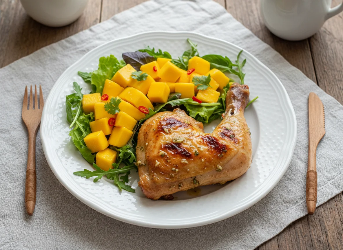 Frango assado com salada de manga e folhas verdes photo