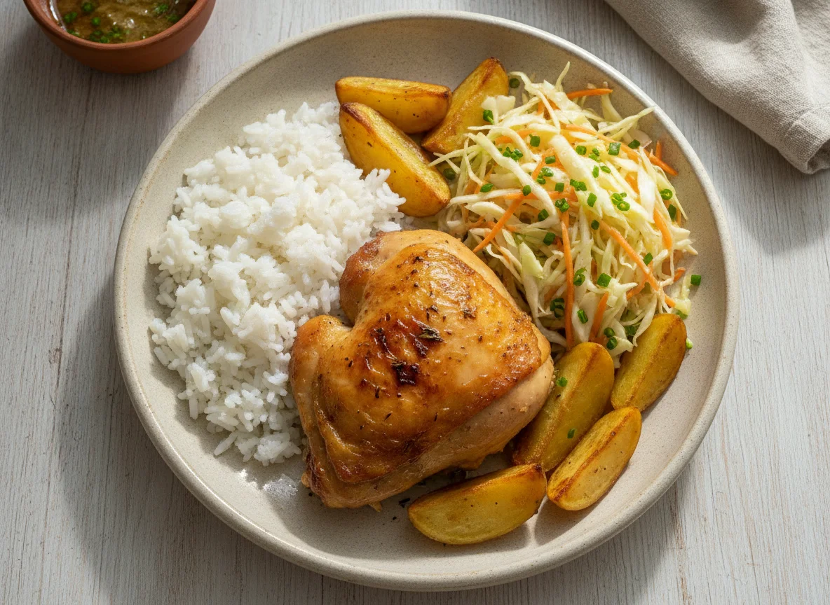 Frango assado com salada de repolho e batata photo