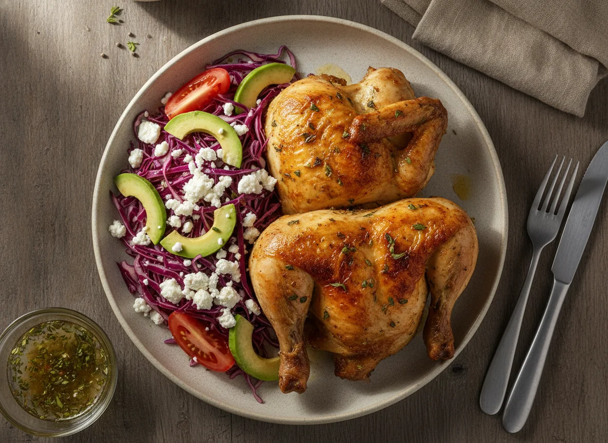 Frango assado com salada de repolho roxo e queijo cottage photo