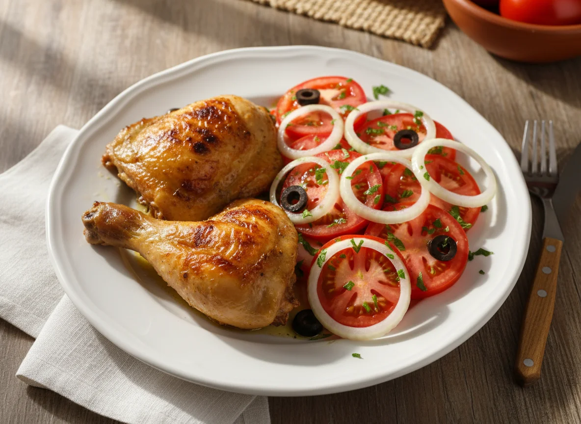 Frango assado com salada de tomate e cebola photo