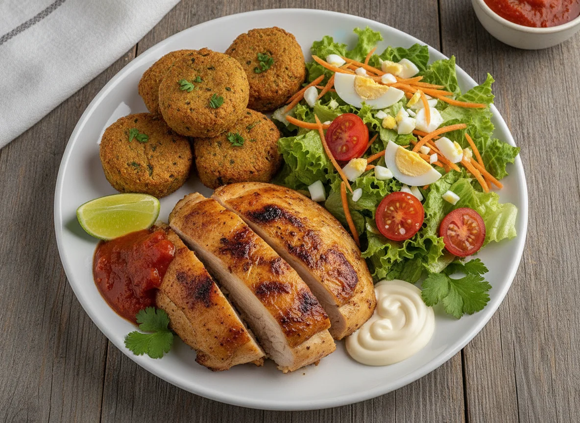 Frango assado com salada e bolinhos de falafel photo