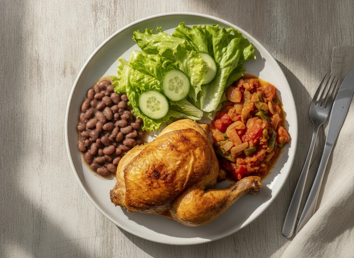 Frango assado com salada e estufado de legumes photo