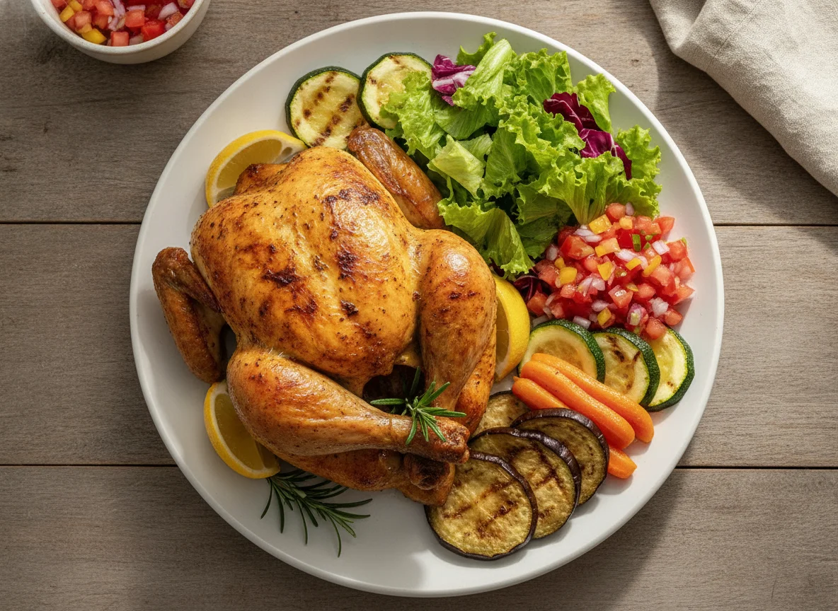 Frango assado com salada e legumes grelhados photo