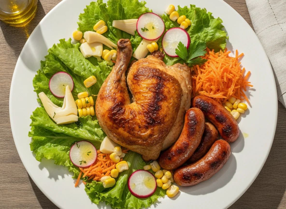 Frango assado com salada e linguiça photo
