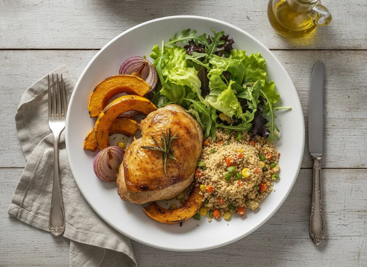 Frango assado com salada, farofa e legumes photo