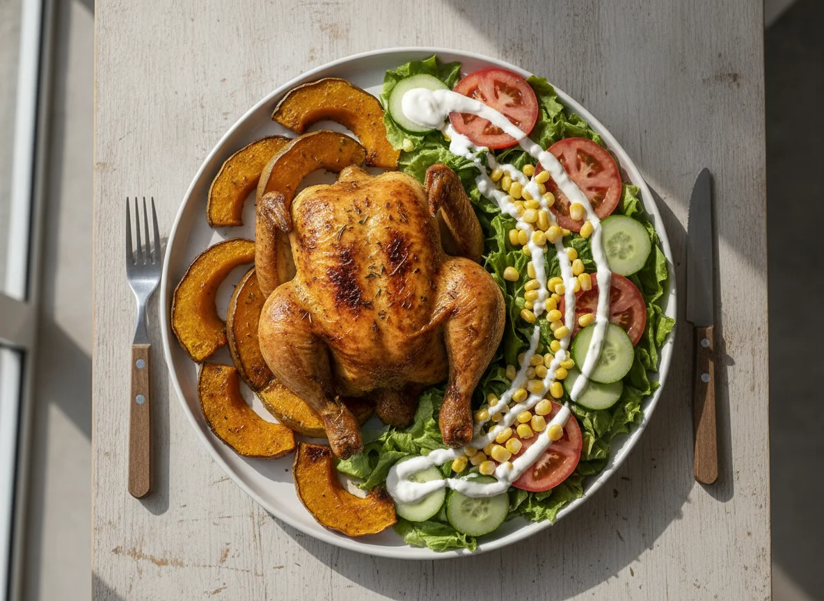 Frango assado com salada mista e abóbora photo