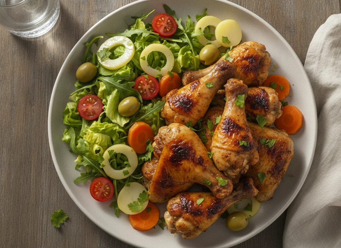 Frango assado com salada mista e azeitonas photo