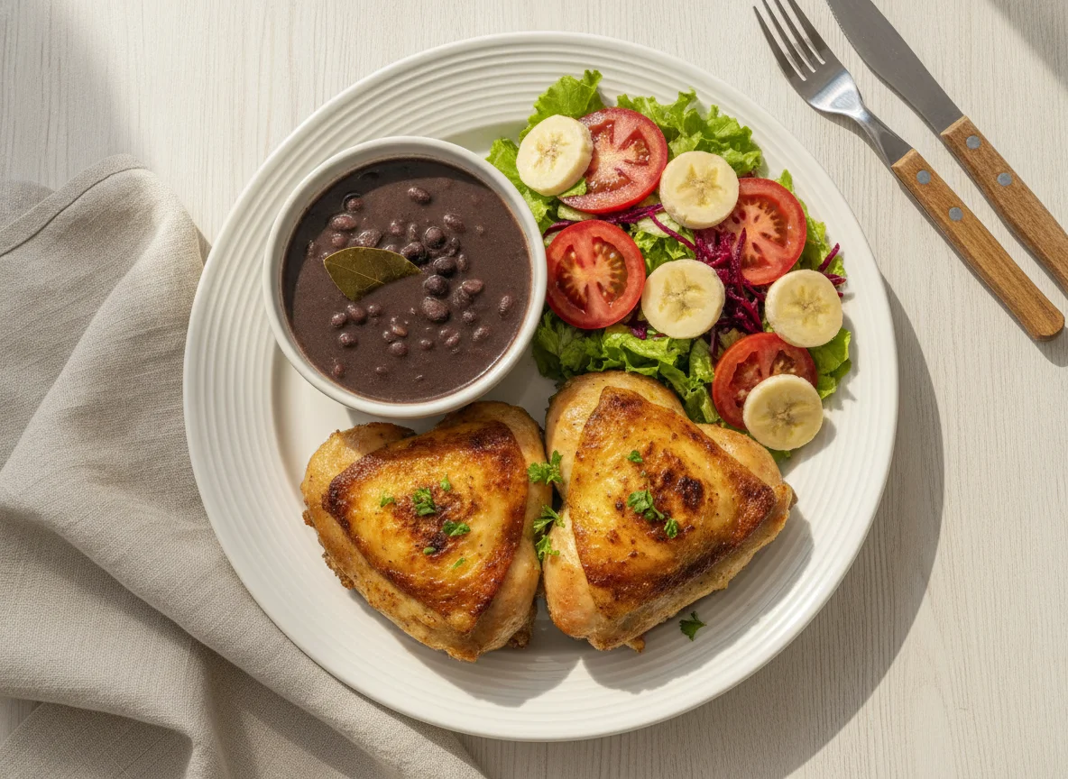 Frango assado com salada mista e feijão photo