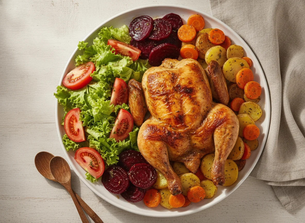 Frango assado com salada mista e legumes photo