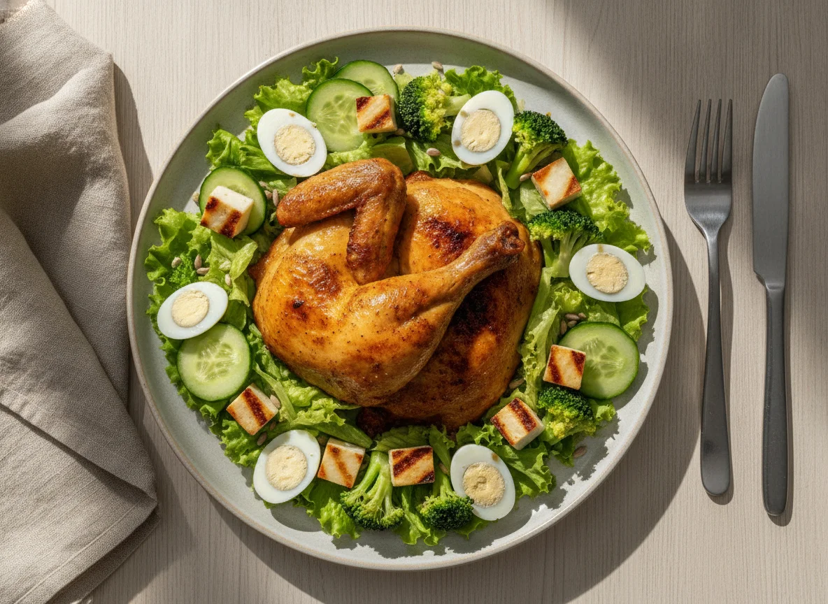 Frango assado com salada mista e ovos de codorna photo