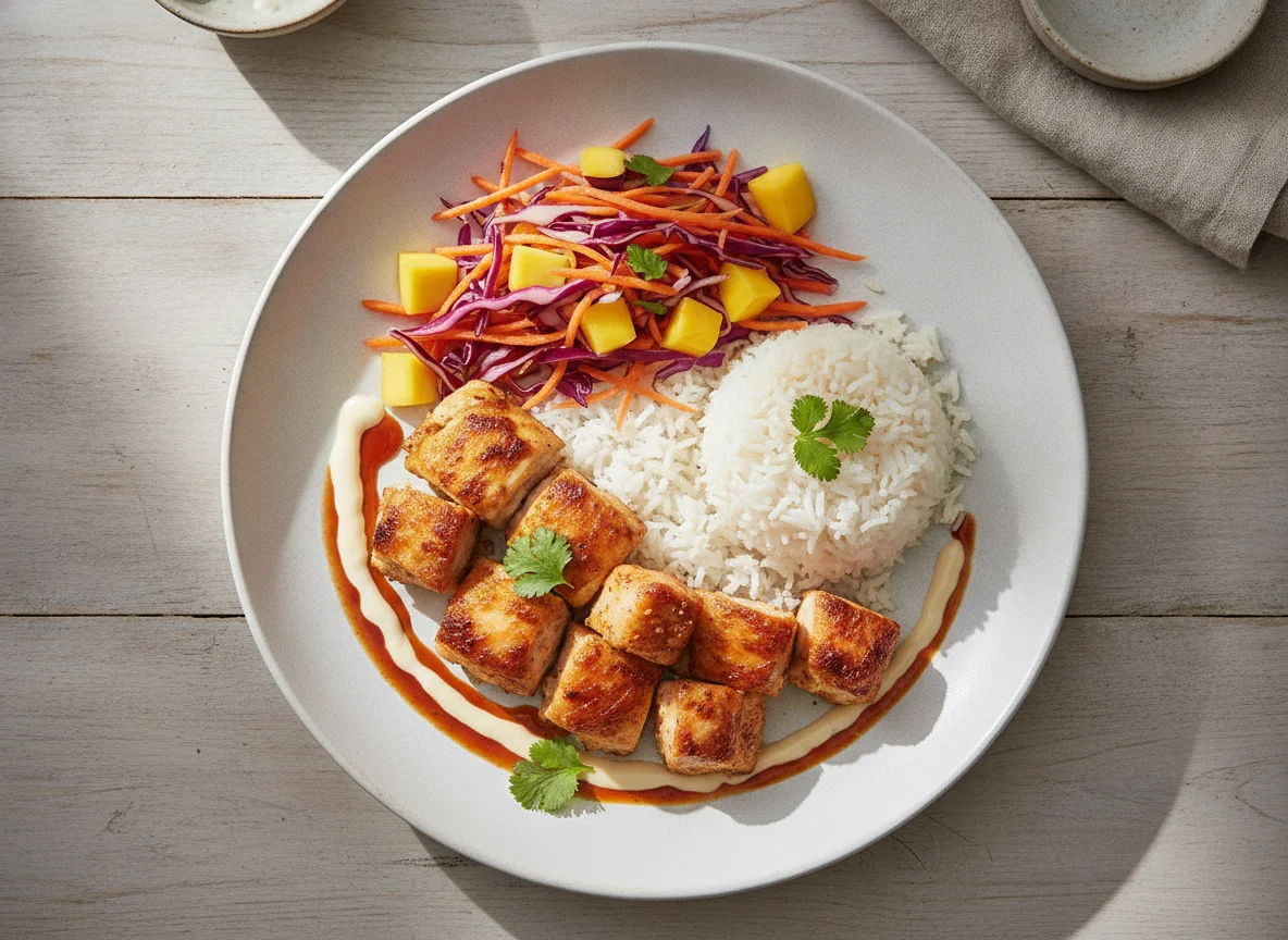 Frango assado no forno com arroz e vegetais photo