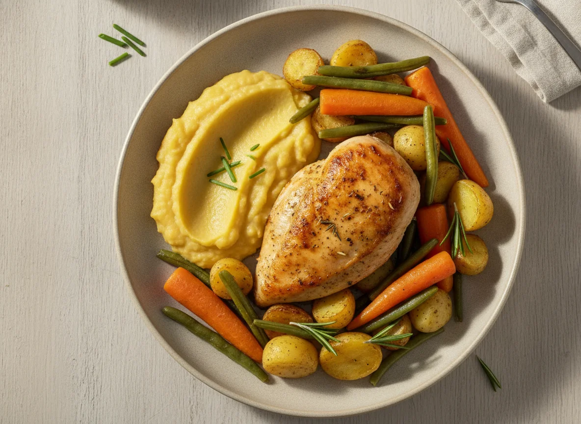 Frango assado, purê de mandioquinha e legumes assados com alecrim photo