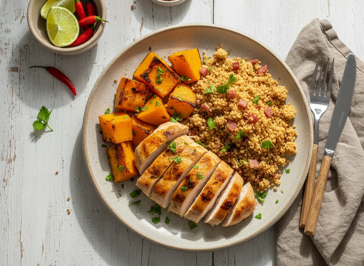 Frango com abóbora e farofa photo
