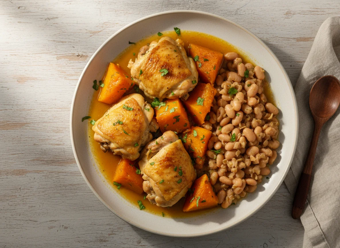 Frango com abóbora e feijão photo