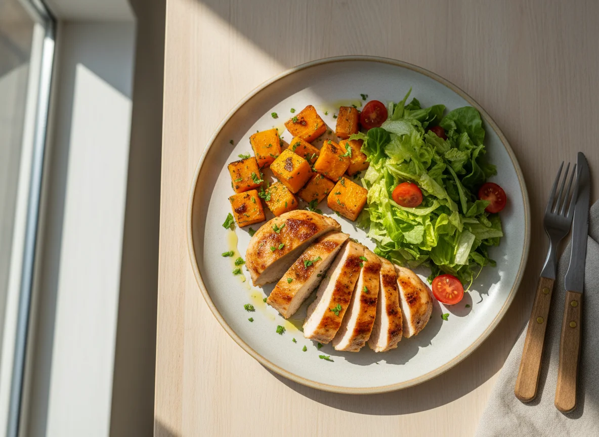 Frango com abóbora e salada photo