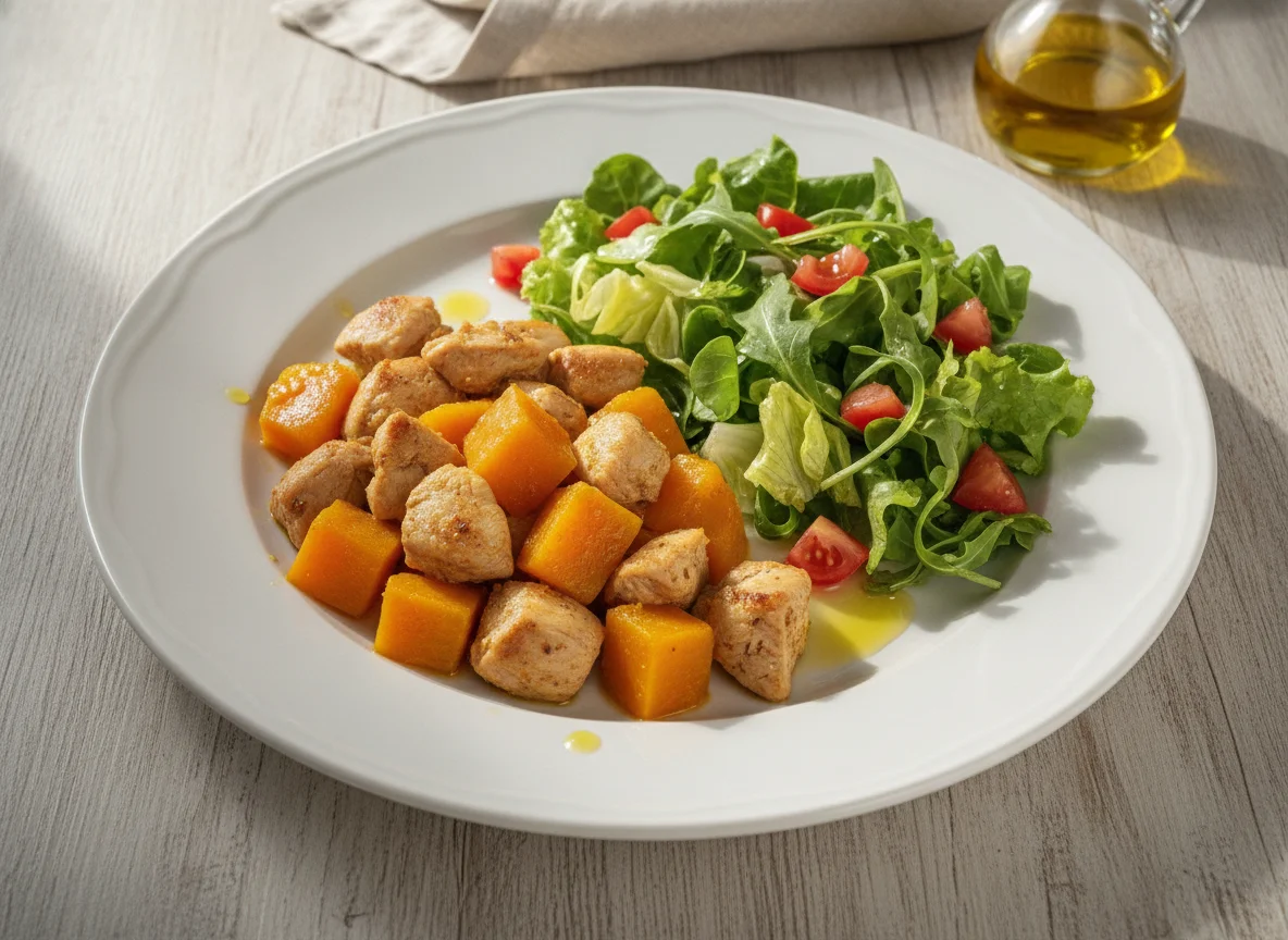 Frango com abóbora e salada mista photo