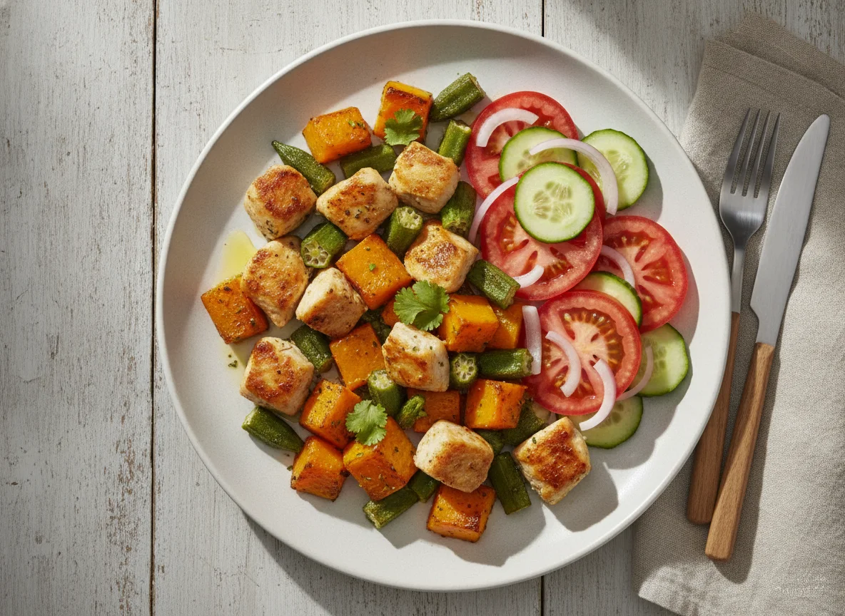 Frango com Abóbora, Quiabo e Salada photo