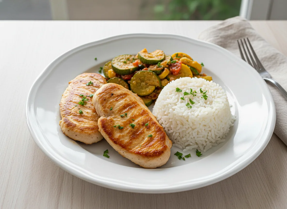 Frango com abobrinha e arroz photo