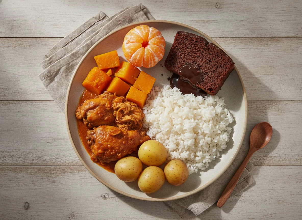 Frango com arroz, abóbora, batata, mexerica e bolo de chocolate photo