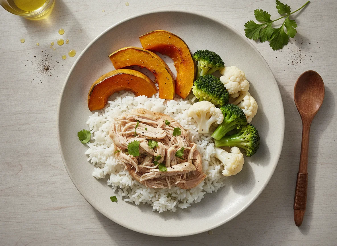 Frango com arroz, abóbora e vegetais photo