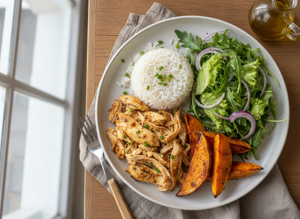 Frango com Arroz, Batata Doce e Salada photo