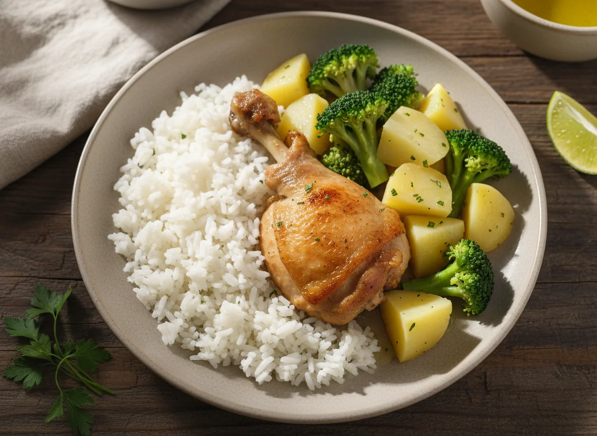 Frango com arroz, batata e brócolis photo