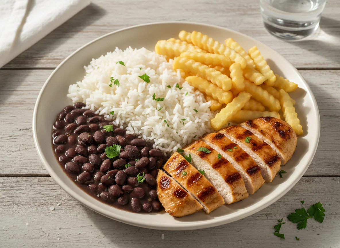 Frango com Arroz, Batata Frita e Feijão photo