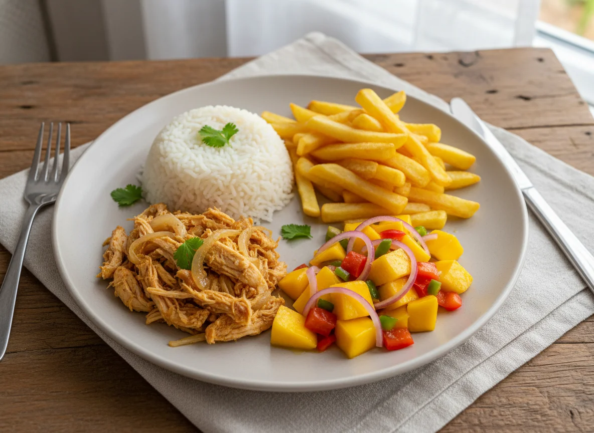 Frango com arroz, batata frita e salada de manga photo