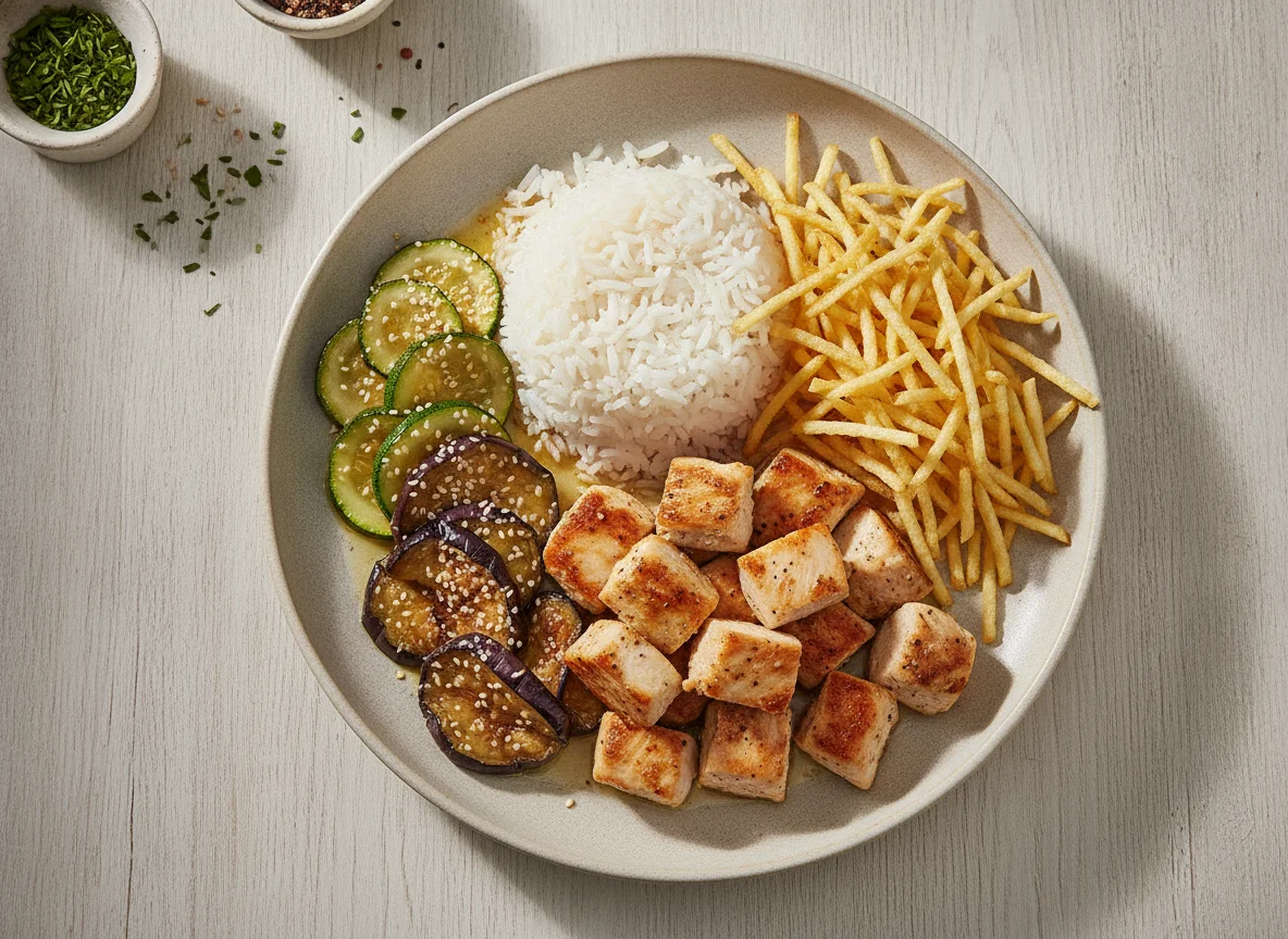 Frango com arroz, batata palha e legumes refogados photo