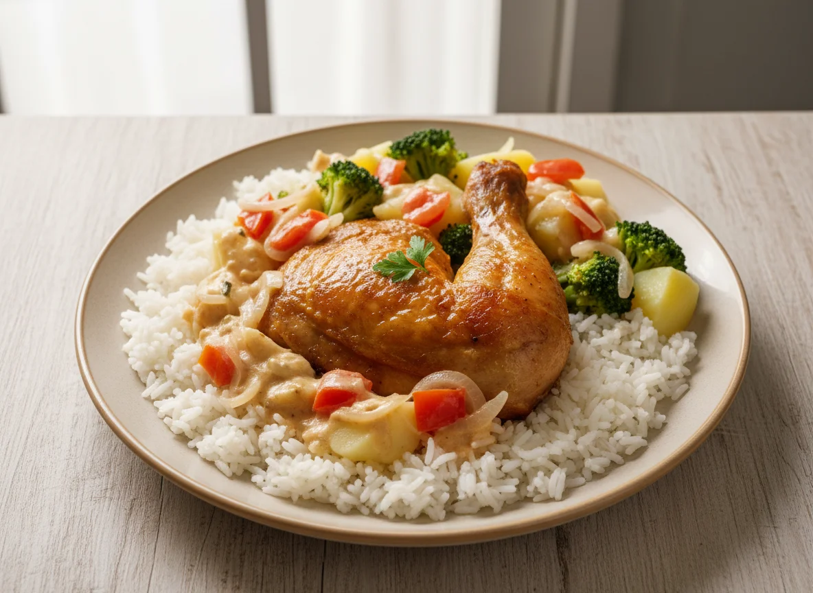 Frango com arroz branco, brócolis e batata photo