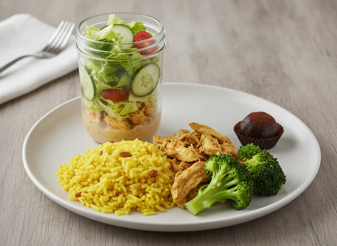 Frango com arroz de açafrão, salada no pote e bombom photo